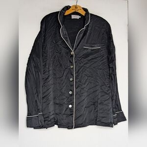 GINIA SILK PAJAMA BUTTON DOWN LONG SEEVE TOP , BLACK Size XXL PLUS SIZE